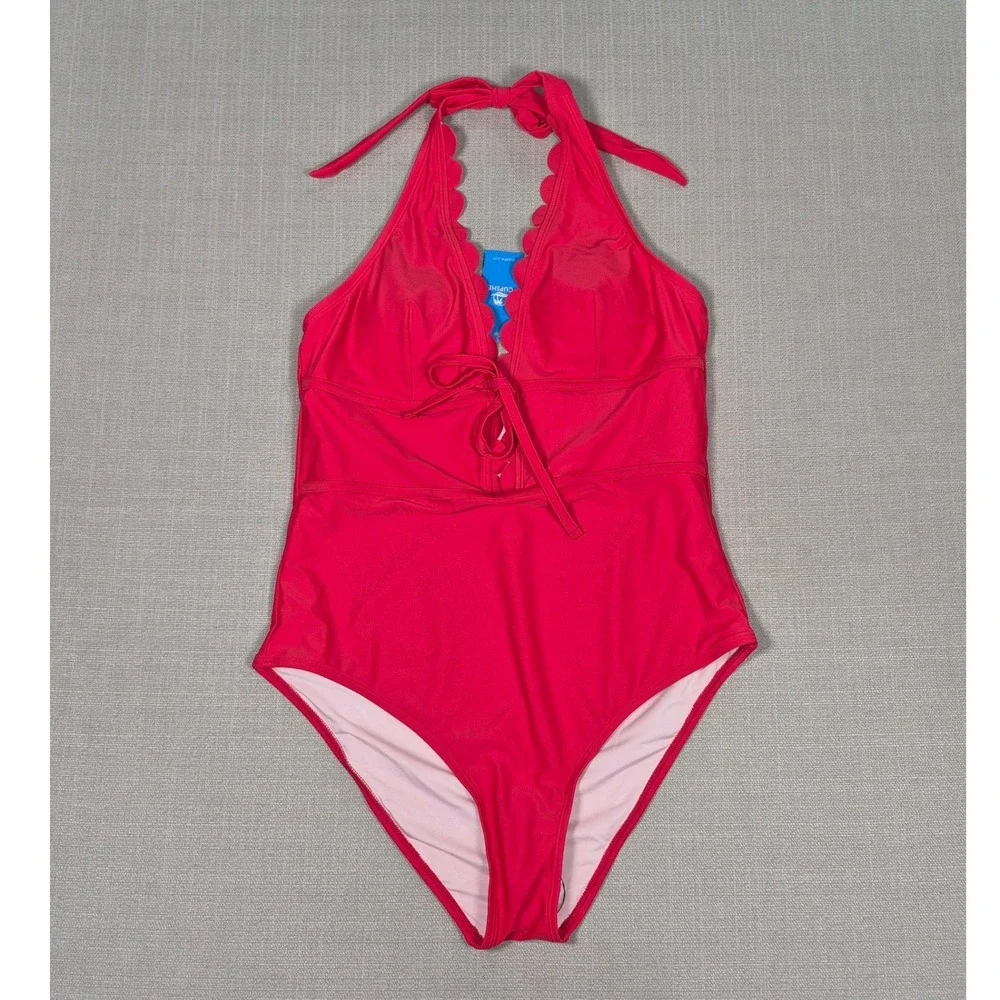 Cupshe‎ Red Scalloped Halter One Piece Swimsuit V-Neck Front Tie Size L New